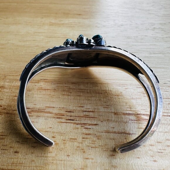 Vintage Navajo Stamped Tom Sterling Silver 9 Turquoise Cabs Cuff Bracelet Deco‎ - Picture 8 of 12